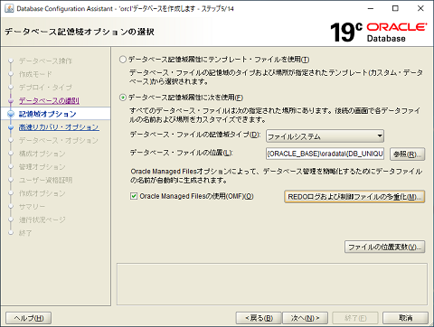 データベース記憶領域オプションの選択